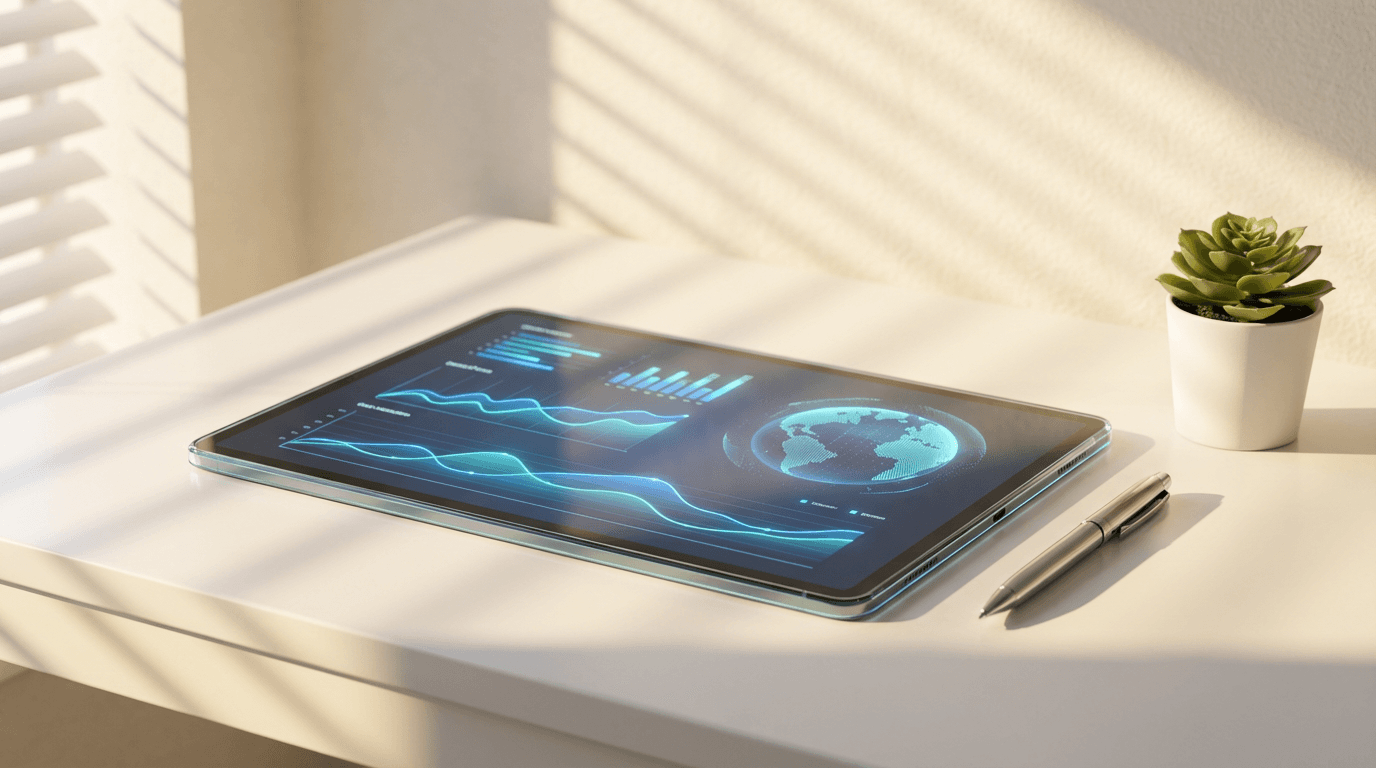 Business owner analyzing automation results on tablet
