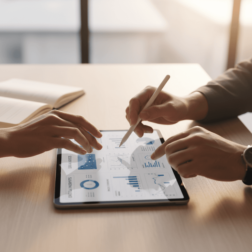 Hands holding tablet showing connected automation workflow diagram