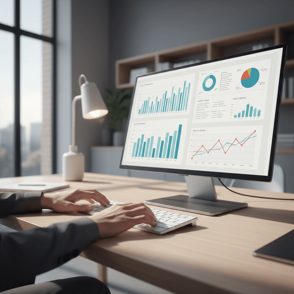 Business professional analyzing AI automation metrics on multiple monitors